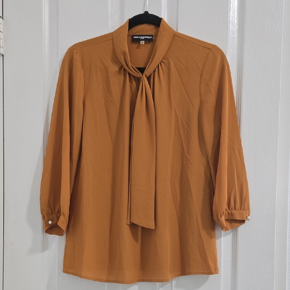Karl Lagerfeld Mustard/Tan Blouse with Chic Neck Tie